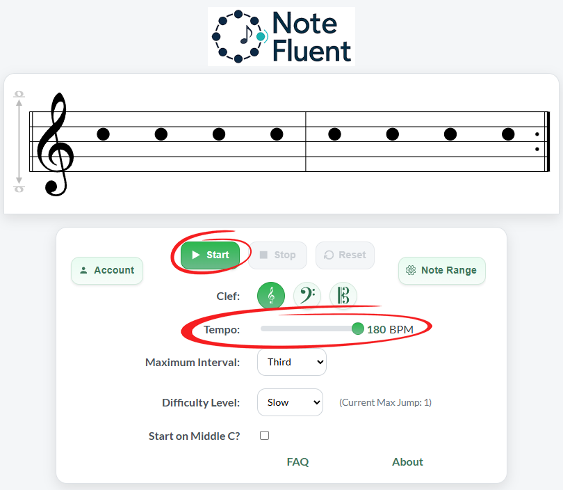 Screenshot of the Start button and Tempo slider